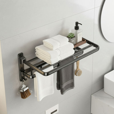 Matte Black Wall-Mounted Foldable Towel Rack, 24 Inch, Suitable For Bathrooms And Washrooms, With Towel Bar + 7 Hooks, Multi-Functional Storage Organizer