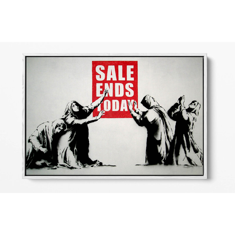 Banksy Sales Worshippers Canvas Floater Print Picture Art - Walnut Frame, 20.32 cm H x 30.48 cm W, White