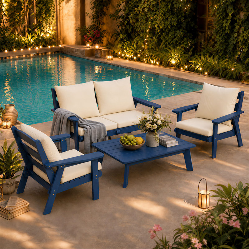 Canapé d'extérieur Hdpe, ensemble de 2 chaises avec coussins, Bleu
