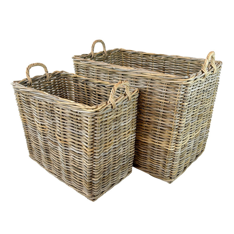 Set Of 2 Grey Rectangle Rattan Baskets