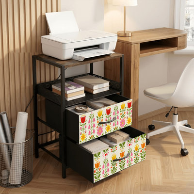 2 Drawers Nightstand with Charging Station, Bedroom Nightstand with USB Ports, Outlets Open Shelf Black, night stand with Scandinavian Folk Floral Seamless Colorful Retro Flowers Vertical Print