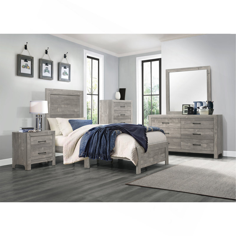 Mobilier de chambre à coucher rustique en bois avec panneau à finition rustique 1pc, lit dans une boîte, Lit simple, Gris