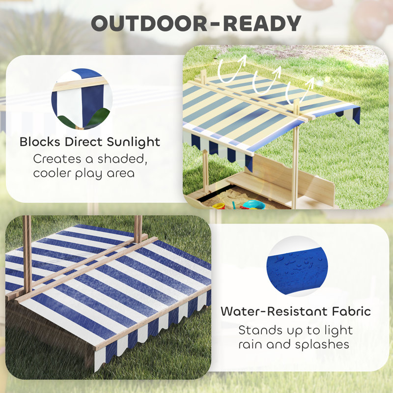 Outsunny Kids Wooden Sand Pit w/Lids Height Adjustable Canopy White