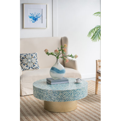 Table basse cylindrique 35 pi x 35 po x 16 po avec base en piédestal doré