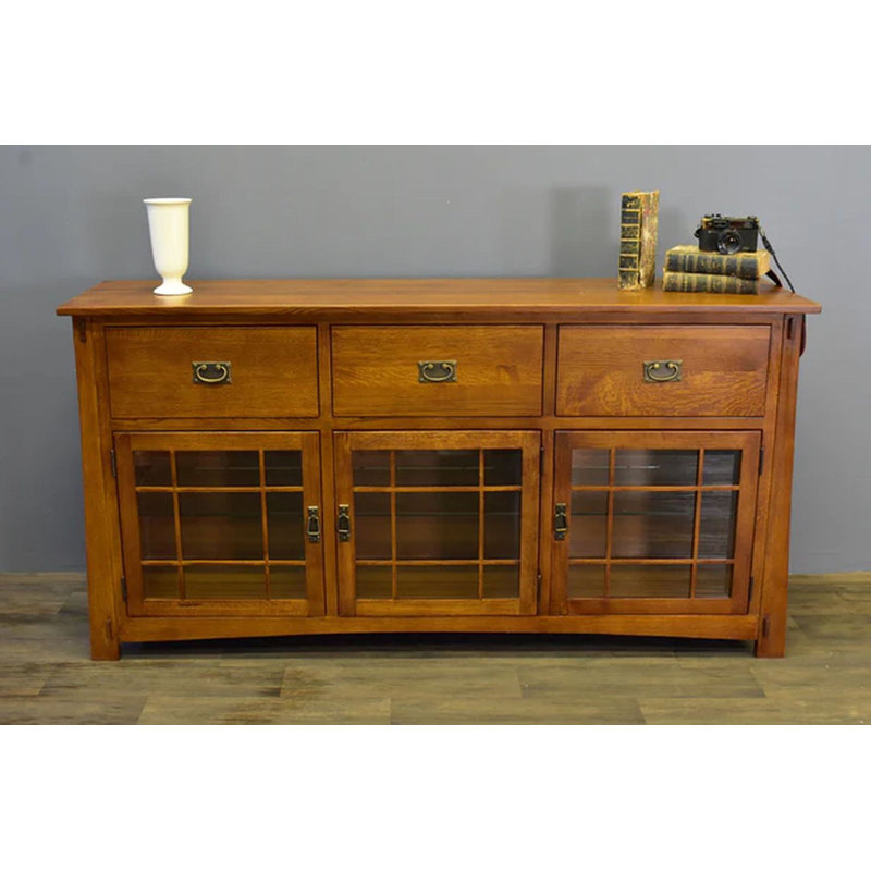 Craftsman Style 72'' Walnut Stained Oak Sideboard with Glass Doors