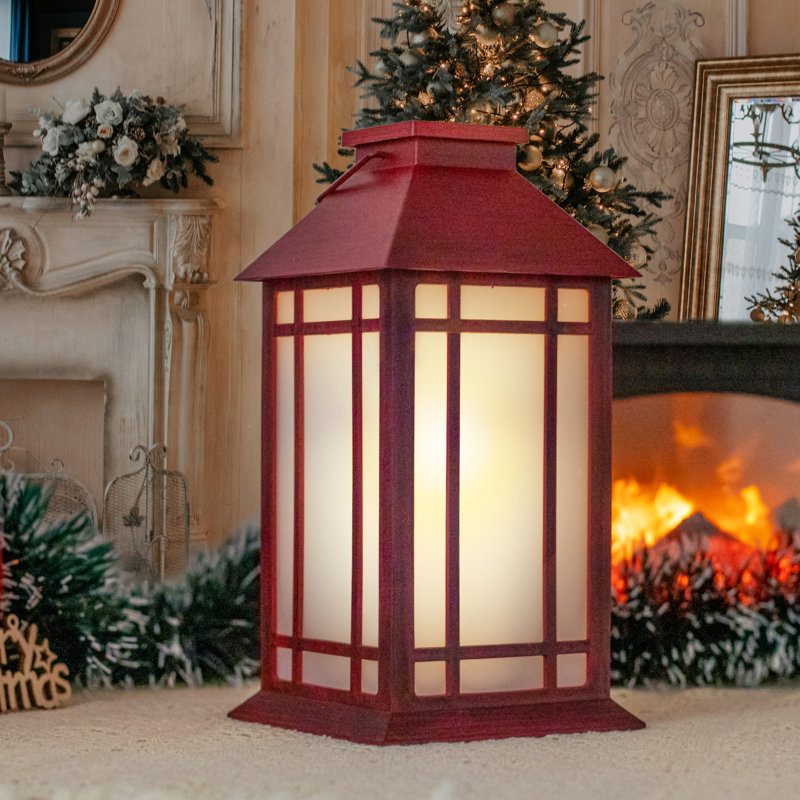 Lanterne de Noël rouge de 13,4 pouces avec minuterie de 6 heures et flamme vacillante, lanterne décorative, décoration de Noël