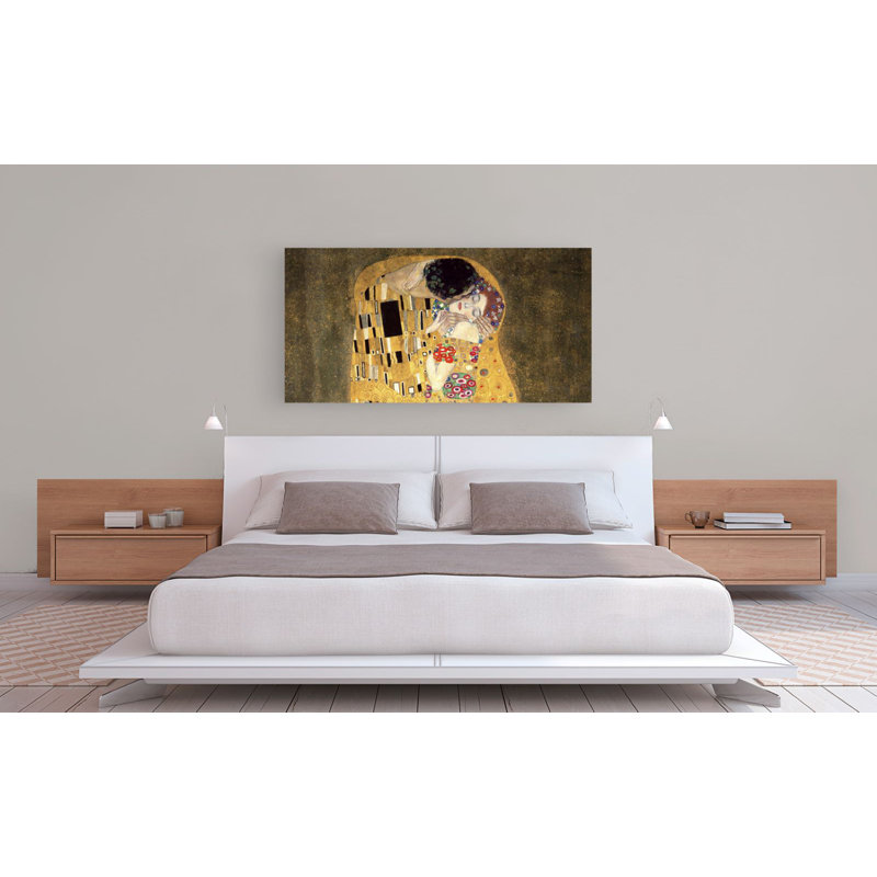 The Kiss (Detail) by Gustav Klimt - Wrapped Canvas Painting, Mustard/Khaki/Peach Puff, 60cm H x 120cm W x 4cm D