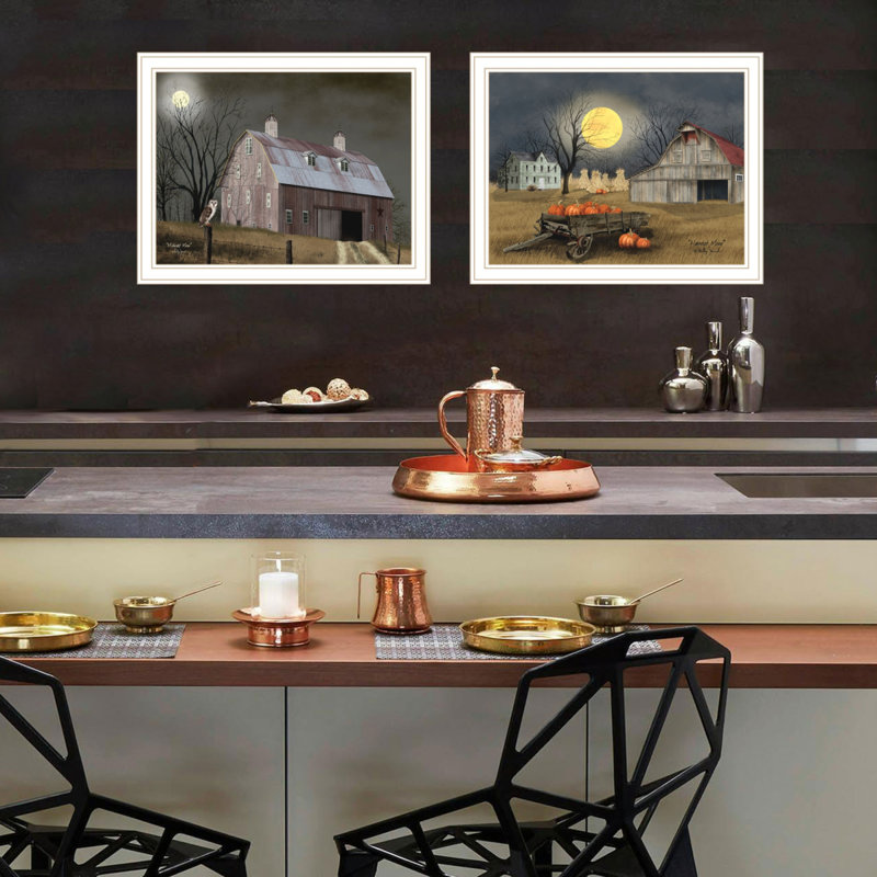 Tendance décorative 4U 2 pièces vignette d'automne au clair de lune, art mural encadré pour le salon, Blanc