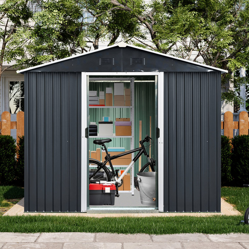 8X4 Ft Metal Shed With Stable Structure & Sliding Door, Black Outdoor Rust- Panels,, Black