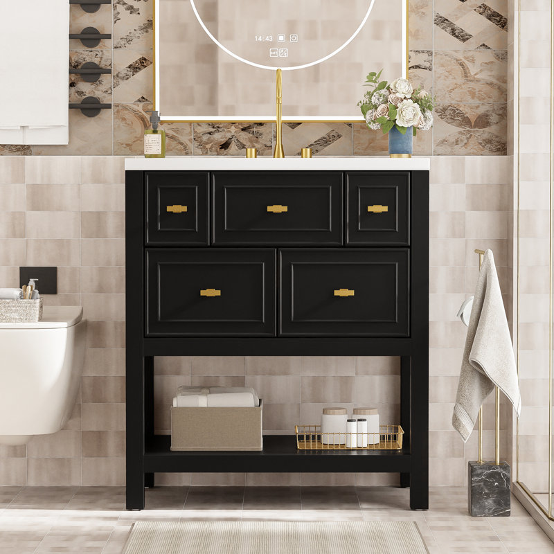 Meuble-lavabo avec lavabo et 5 tiroirs, Noir