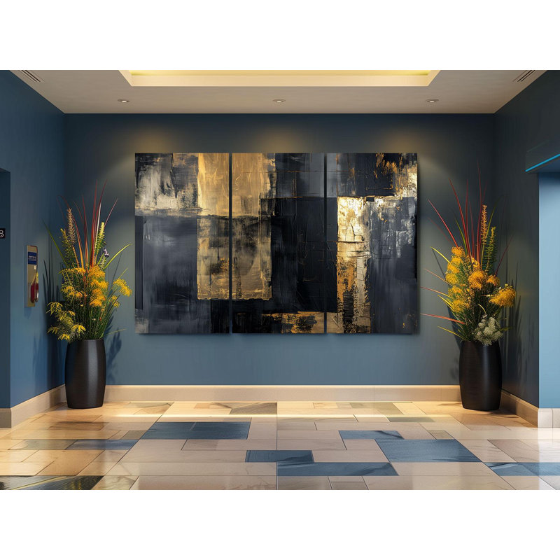 Reproduction d'art, reproduction d'art sur toile Triptych - ensemble de toiles abstraites noires et grises, H 30 po x l 60 po