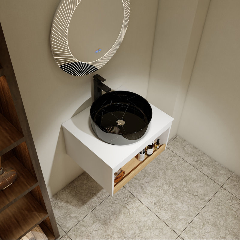 Meuble-lavabo flottant avec lavabo vasque noir veiné blanc et tablette ouverte, 24"