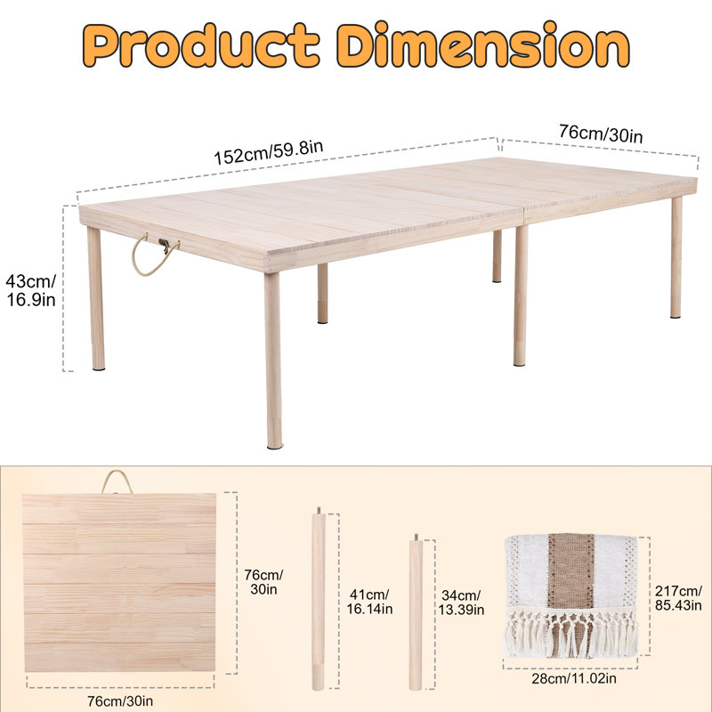 60" X 30" Boho Low Picnic Table, Portable Wooden Folding Picnic Table With Table Runner For Camping, Beach, Garden, Picnic, Party, Indoor & Outdoor Use, Seats 6-8 People, 8-leg Design