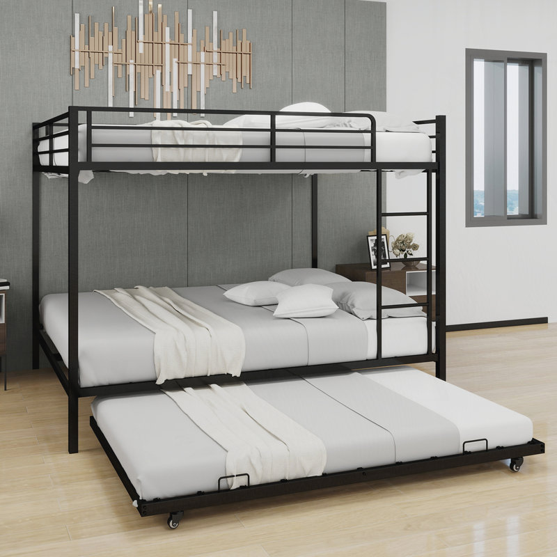 Durable Square Tube Iron Bunk Bed Featuring Safety Rails, Modern Minimalist Look, Queen, Black
