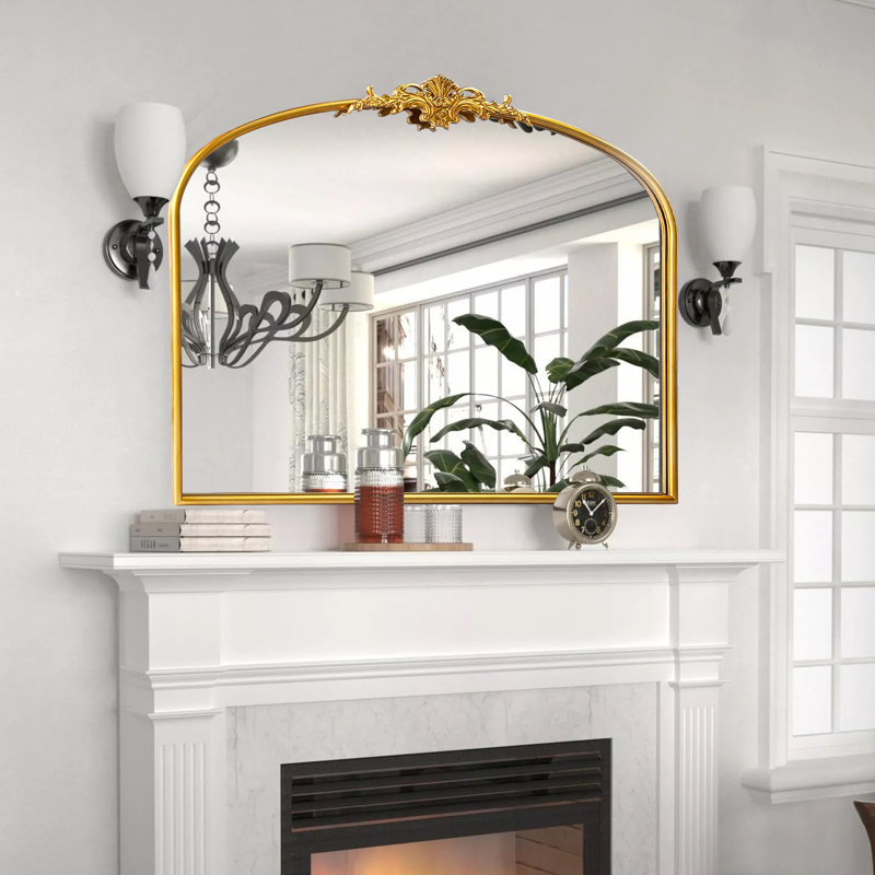 Vintage Ornate Arched Baroque Fireplace Wall Mirror, 40" x 30"