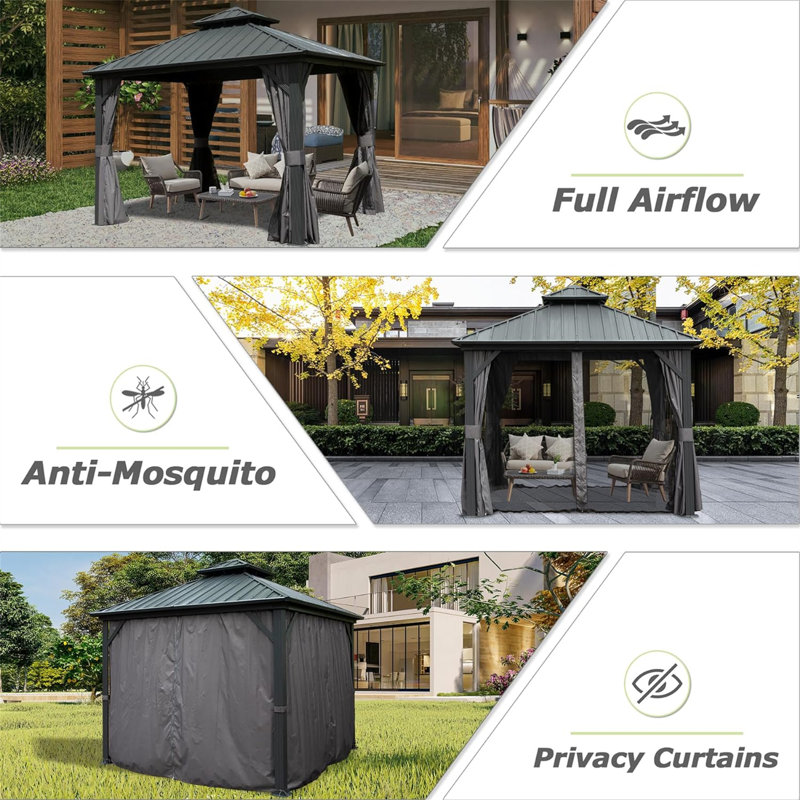 Compact Hardtop Gazebo with Double Roof & Bug Netting – Perfect for Small Spaces, Gray