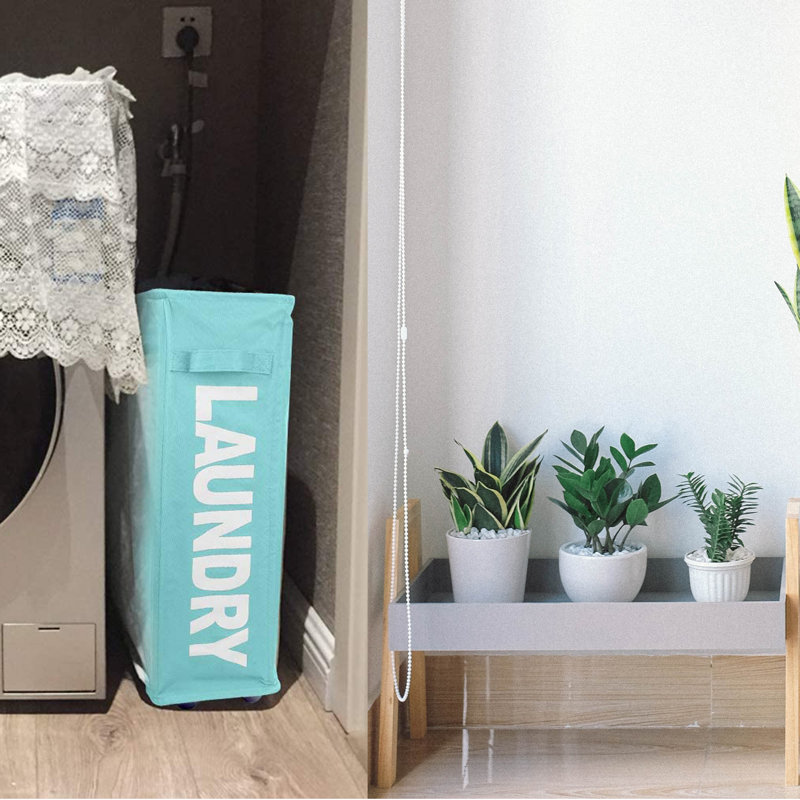 Fabric Laundry Room Organizer with Wheels, Turquoise/White