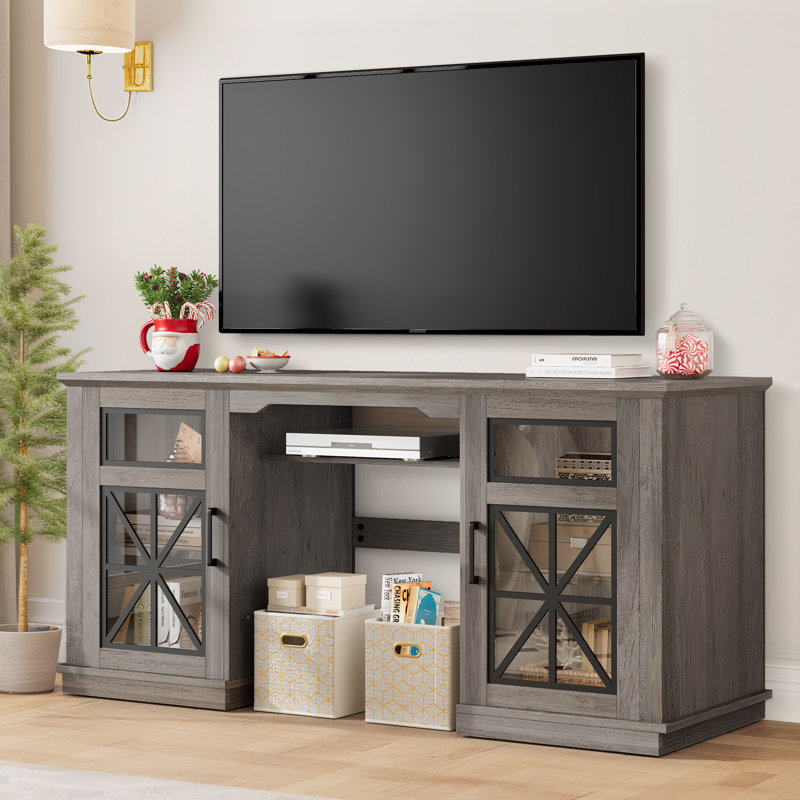 Leanne 3-Sided Glass Media Entertainment Center Console TV Stand for TVs up to 65" W Glass Doors, Rustic Gray