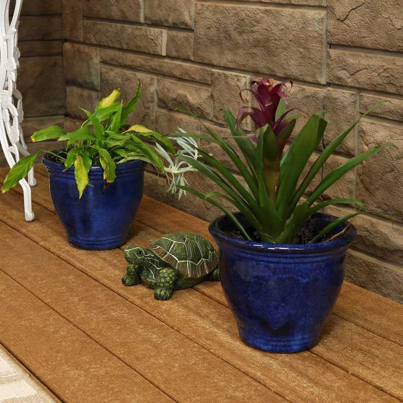 Ailynn Round Imperial Ceramic Outdoor Planter, Blue, 8" H x 9" W x 9" D