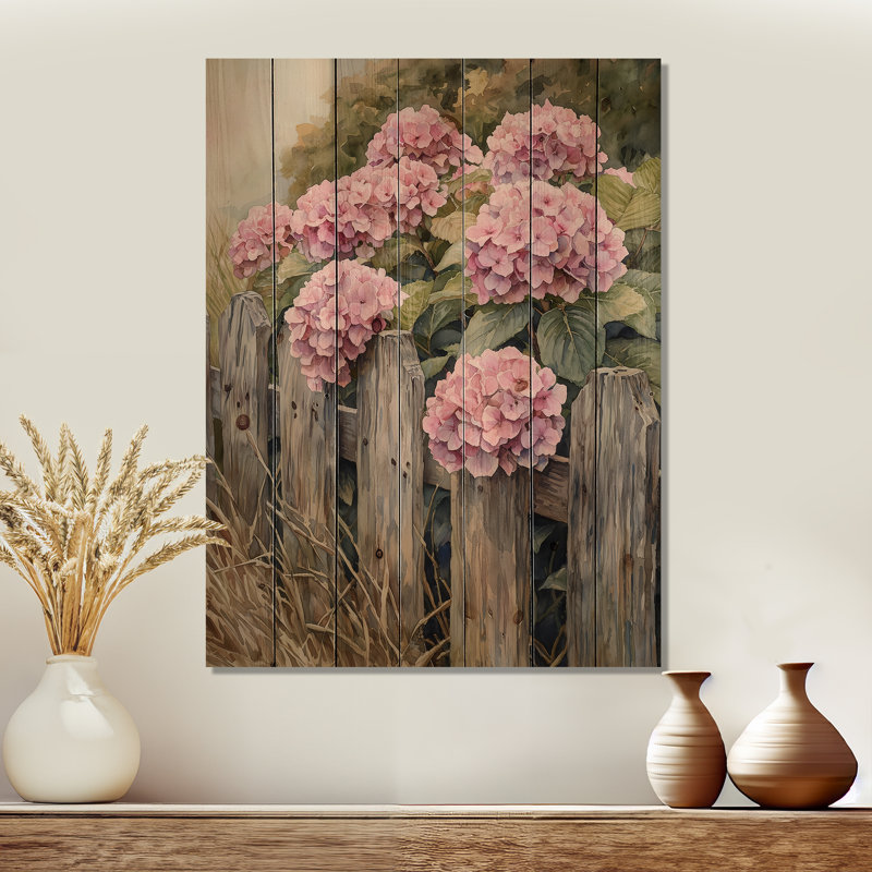 Farm Hydrangeas By The Fence II - Hydrangea Wood Wall Art - On Natural Pine Wood, 20" H x 10" W x 0.78" D