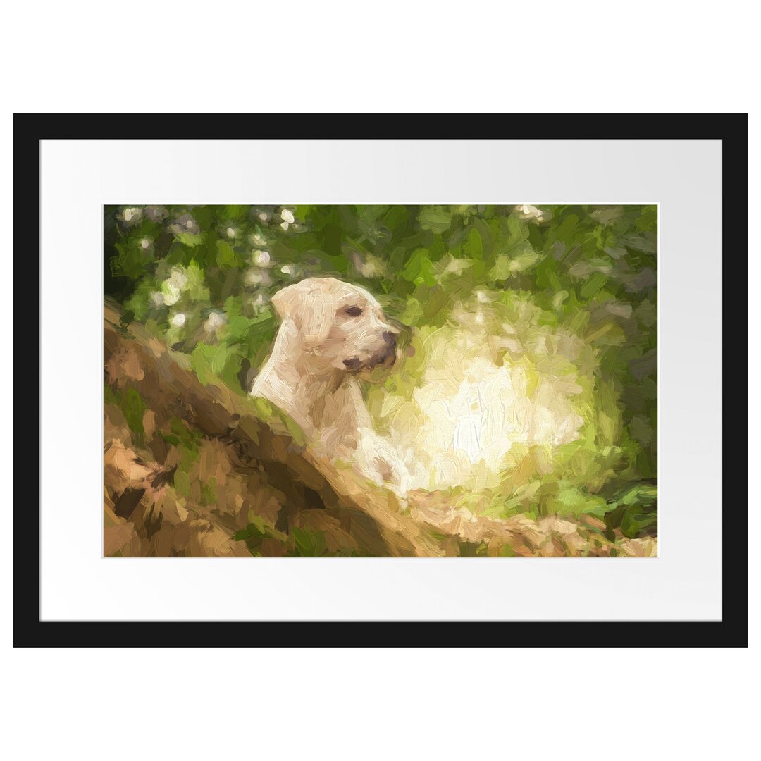 Gerahmtes Papierbild Labrador Welpe im Wald