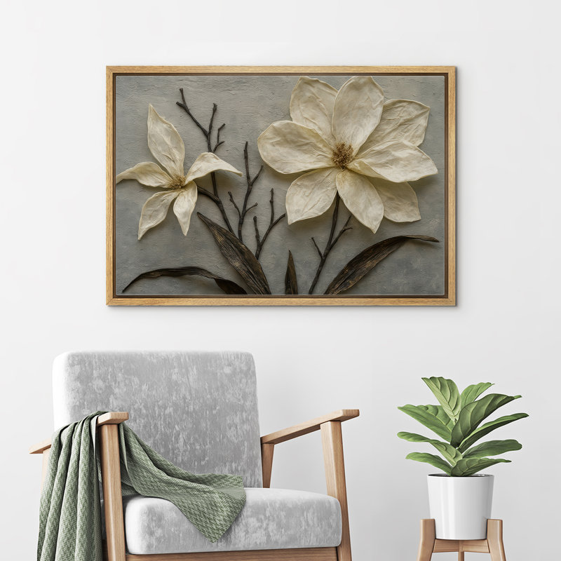 «White Dimensional Magnolia Flower with Sculpted Petals», reproduction d'art sur toile encadrée, Naturel