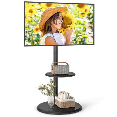 Height Adjustable Mobile Tv Stand With Hidden Wheels, Wooden Shelf For 32-65 Inch Tvs, Max Load 88 Lbs
