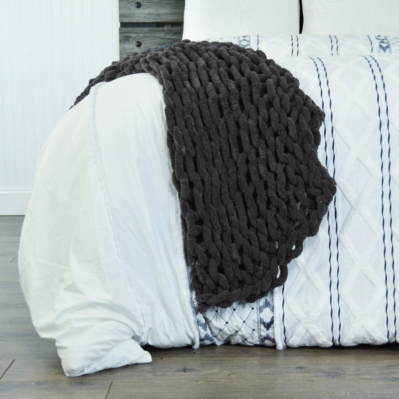 Charcoal Gray Knitted Chenille Throw Blanket, 50" x 40"