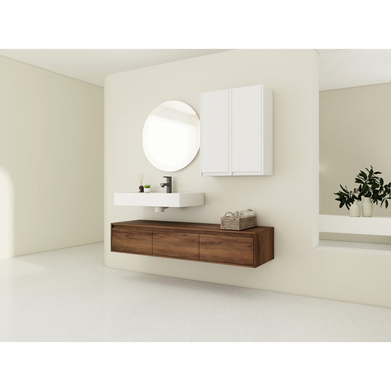 Meuble-lavabo mural de 60 pouces avec lavabo en résine, 3 tiroirs à fermeture douce, 2 compartiments latéraux, lavabo en ébène brun, armoires,