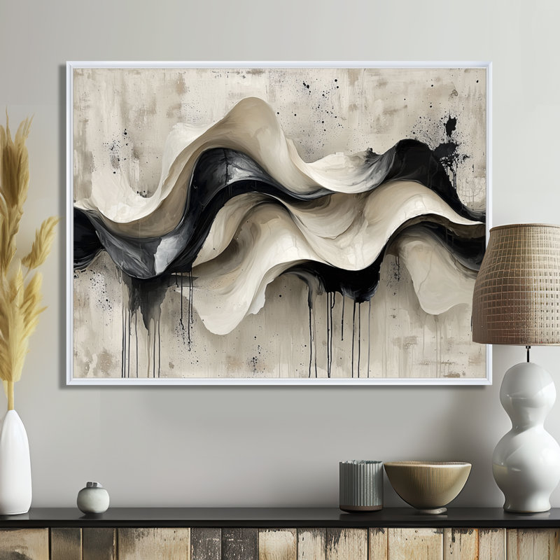 Art mural mural "Vagues modernes abstraites", H 12 po x l 20 po, Picture Framed, Blanc