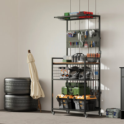 Fishing Rod Storage Rack With Pegboard, Rolling Tackle Organizer Cart, Multi-Tier Fishing Gear Stand For Rods, Reels, Tackle Boxes & Bags, Heavy Duty Metal Holders With Lockable Wheels