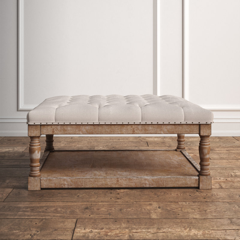 Fontanet 34" Wide Tufted Square Cocktail Ottoman/Coffee Table, Beige /Natural