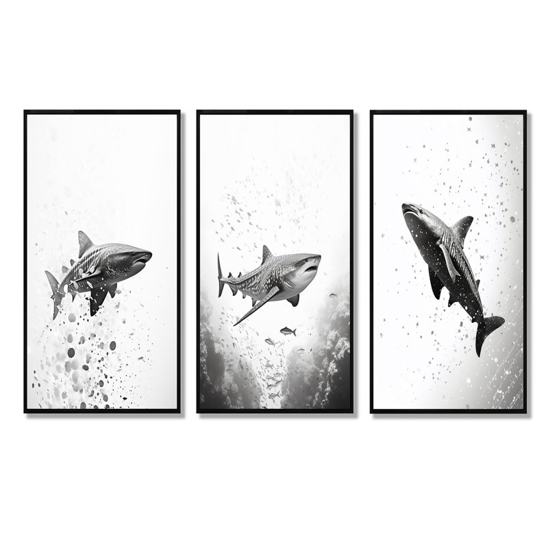 Danse du requin gris monochrome, Cadre flottant noir, H 28 po x l 36 po