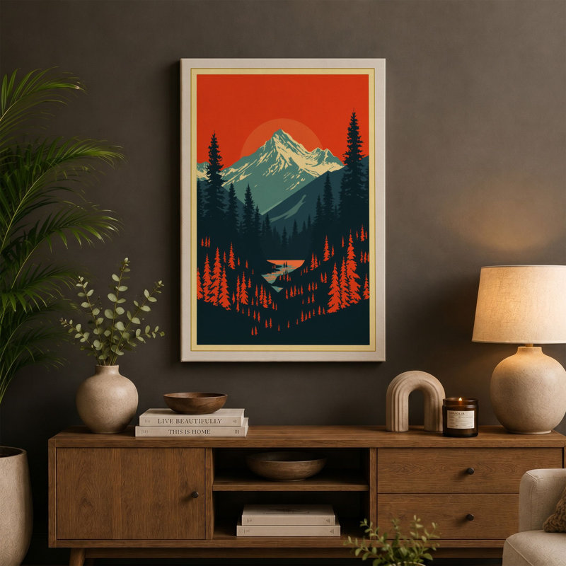 Mountain at Dusk Retro - Wrapped Canvas, 30x20 - 76.2 x 50.8 cm, Terracotta Border