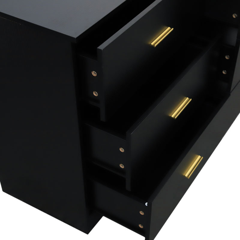 Commode noire 6 chambres. Vaste espace de rangement pour la chambre à coucher. Fabrication en bois d'ingénierie. Finition brillante. L 15,13 po x H 29,47 po x P 46,8 po. Solution facile à assembler. Bois. Surface. Instructions d'assemblage incluses