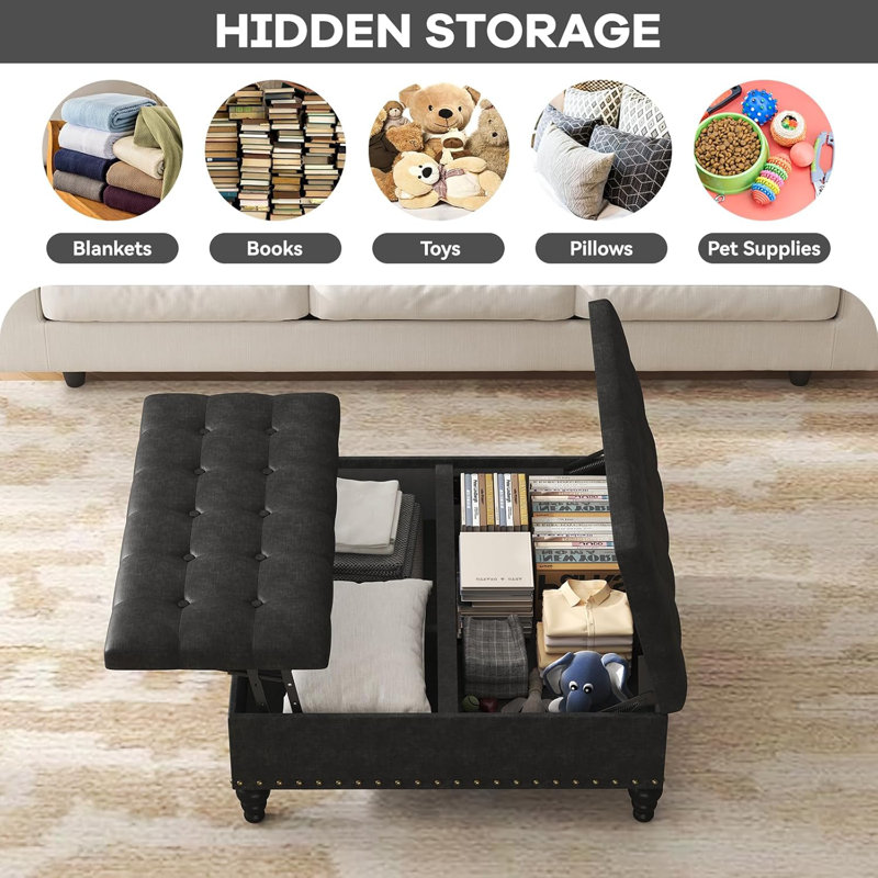 Coffee Table WIth Versatile Lift-Top, Multi-Function Storage Bench and Coffee Table in Chenille for Living Room or Bedroom, Easy-to-Assemble(Black)