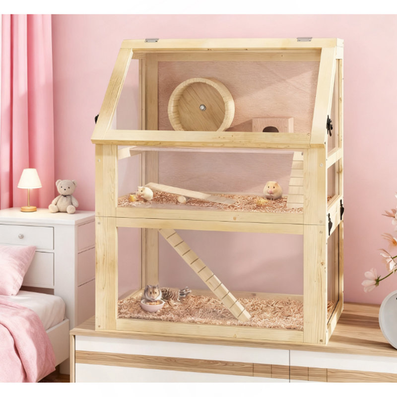 Cage à hamster en bois à 3 niveaux avec fond amovible