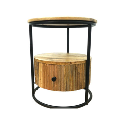 Hand-crafted Natural Mango Wood And Iron Round Accent Table With Drawer