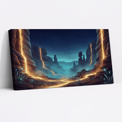 Glowing Orange Rivers in Canyon Under Starry Sky Canvas Wall Art
