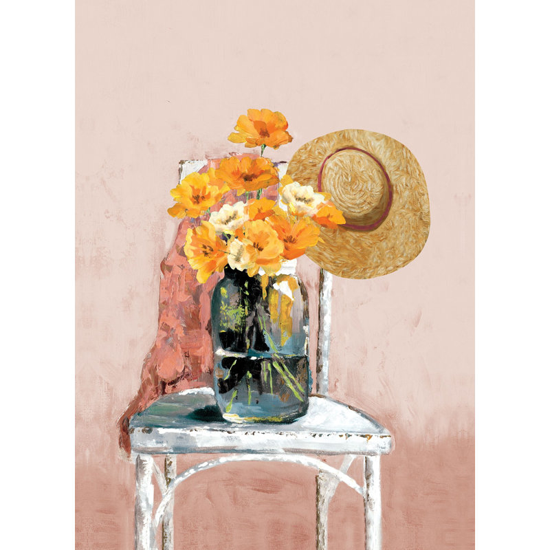 Sunflowers on Chair - Painting Print, Black Floater Framed, 122 cm H x 81 cm W