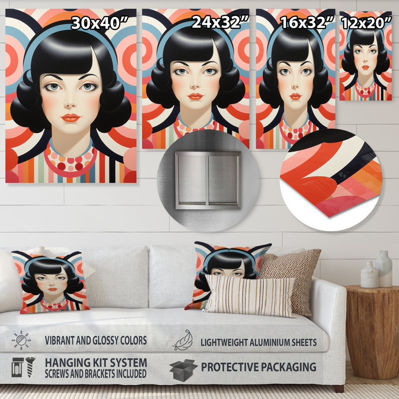Midcenty Woman Div Portrait - Pop Art, art mural en métal, H 20 po x l 12 po x P 1 po