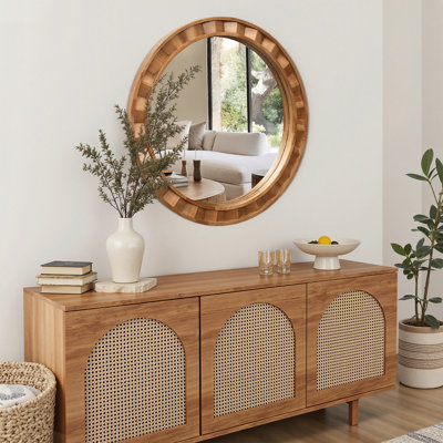 Natural Wood Frame Round Wall Mirror, 28” Rustic Wooden Decor