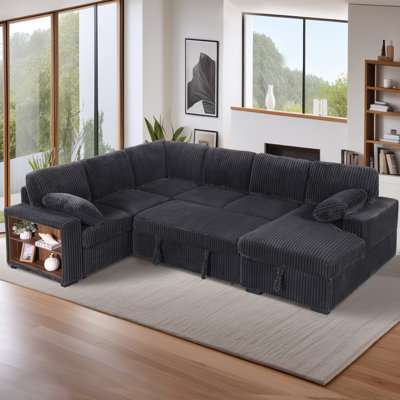 U-shaped Corduroy Sectional Sofa Bed Pull Out Sleeper with Large Storage Chaise and Armrest Storage