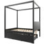 Lit plateforme double à baldaquin avec lit gigogne simple, 3 tiroirs de rangement, tête de lit, noir-133245280