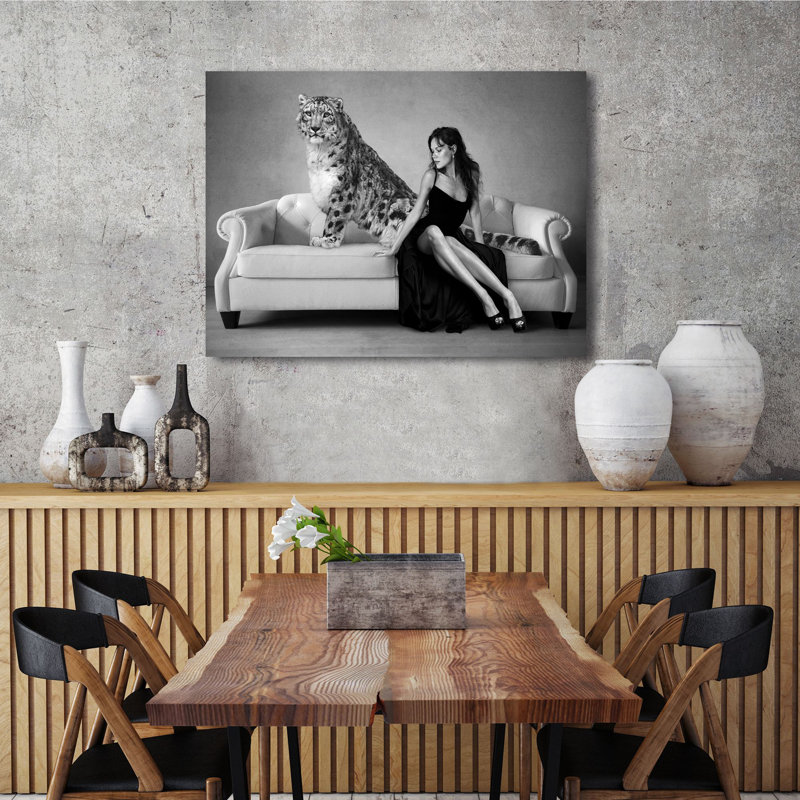 3AP6474 Snow Leopard And Lady, Paris by Julian Lauren - Wrapped Canvas Print, 70cm H x 100cm W x 4cm D