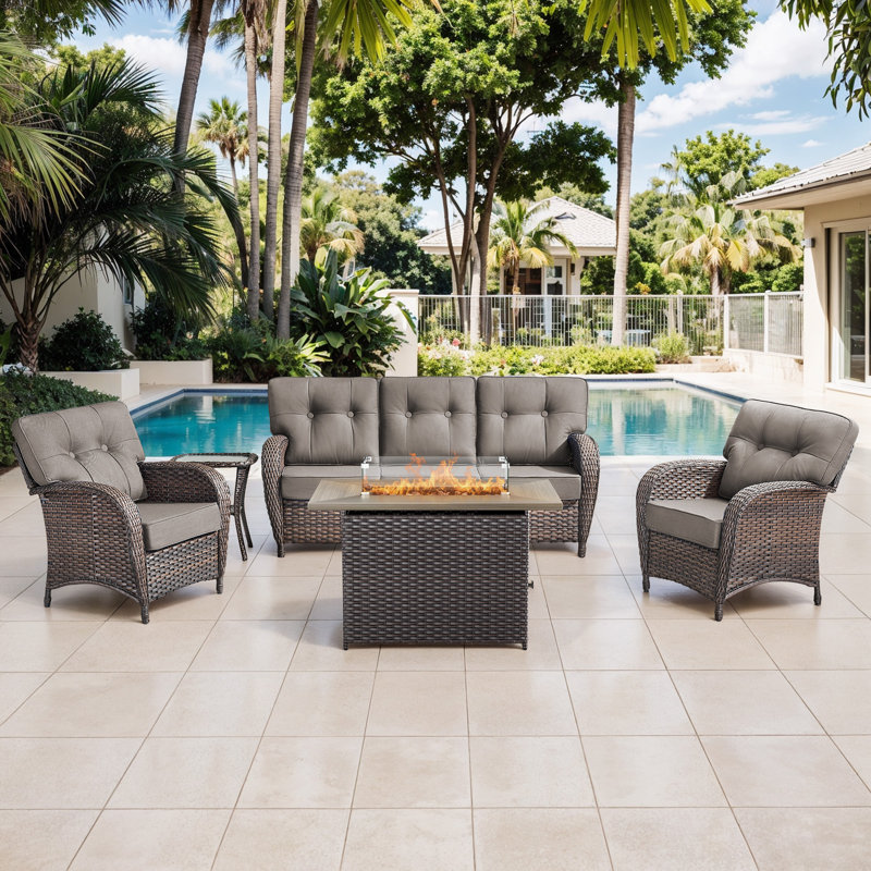 Harbor 5-Piece Outdoor Wicker Patio Furniture Sofa Set With 55,000 BTU Fire Pit Table, Thick Cushions, Gray