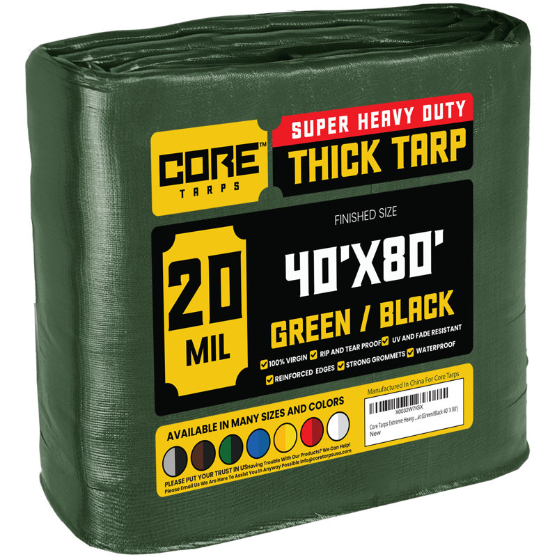 Bâche en polyéthylène robuste de 20 mil, imperméable et résistante aux rayons UV, Vert / noir, 40 pi x 80 pi