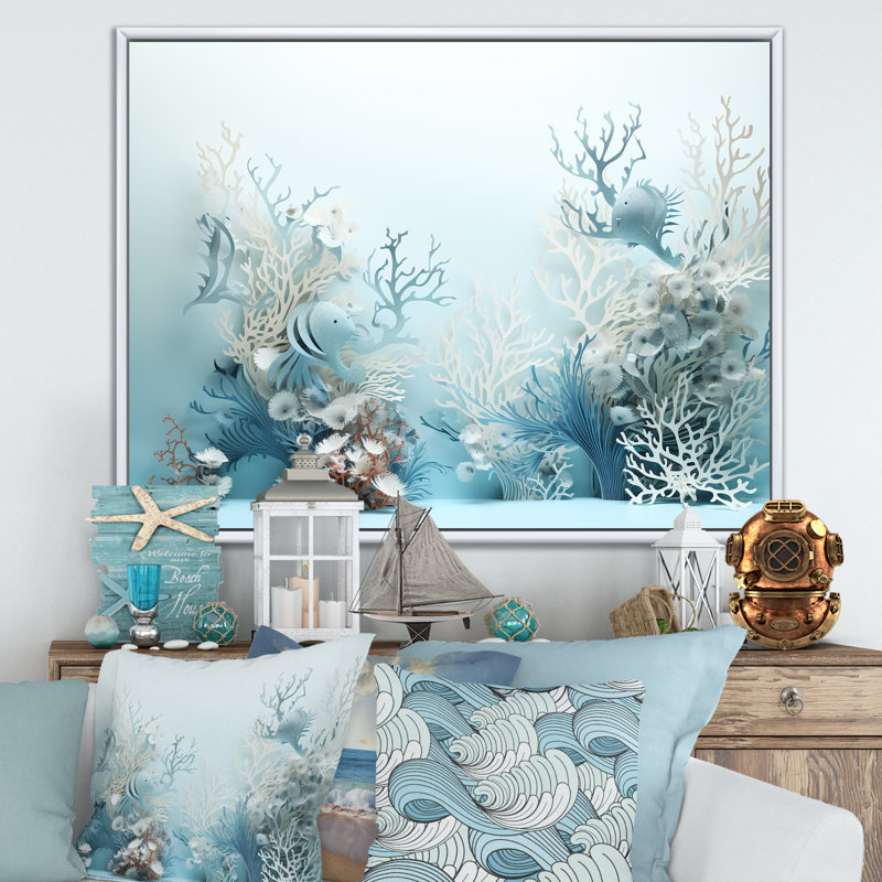 «Blue and White Sea Dragons Dance Collage I», reproduction sur toile, H 30 po x l 40 po x P 1,5 po, Cadre flottant blanc