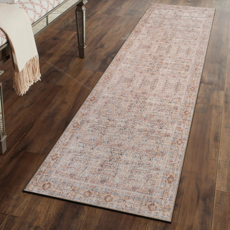 Tapis à motif floral en terre cuite Delano - Tapis à poils courts lavable avec envers antidérapant
