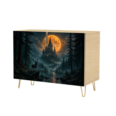Buffet avec rangements dissimulés, 2 portes, motif majestueux de château sous une forêt mystique ornée de cerfs. Mobilier multifonctionnel pour salon, cuisine et coin café.